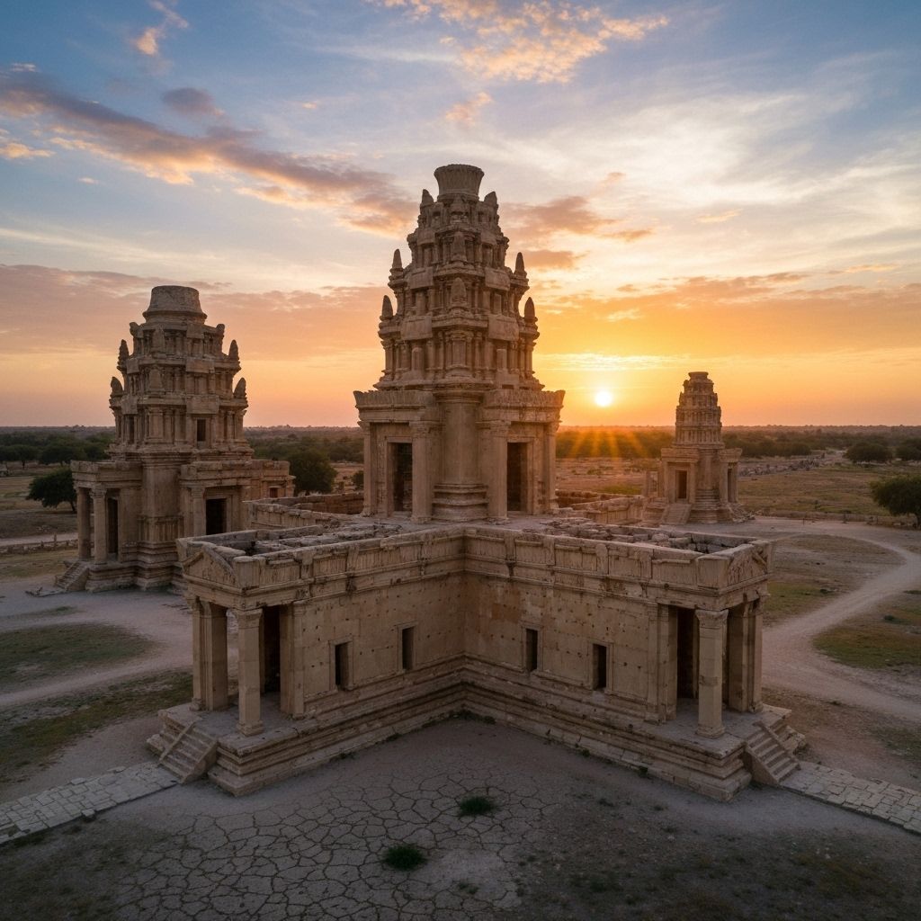 Ancient temple ruins at sunset