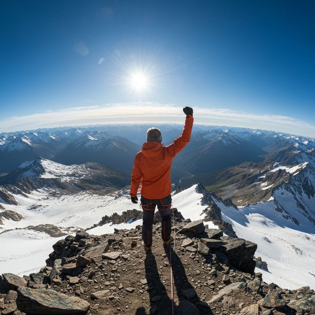 Mountain summit adventure with person celebrating